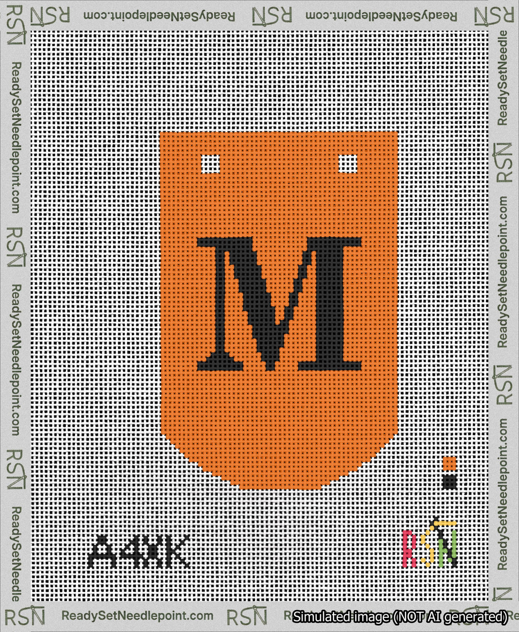 A taped needlepoint canvas with the design: Banner 13 mesh count Curved M Black on Orange.