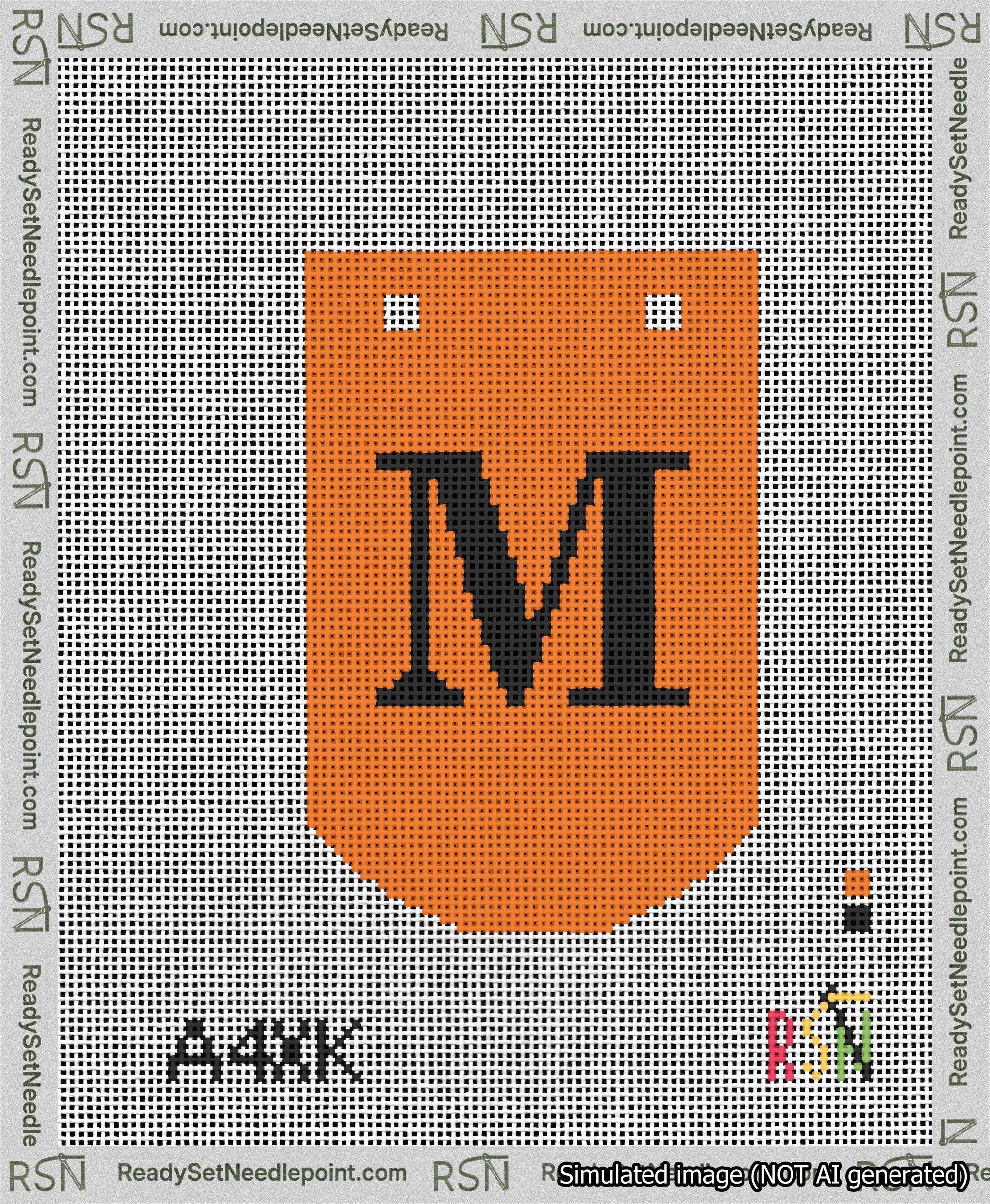 A taped needlepoint canvas with the design: Banner 13 mesh count Curved M Black on Orange.