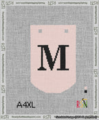 A taped needlepoint canvas with the design: Banner 13 mesh count Curved M Black on Pink.