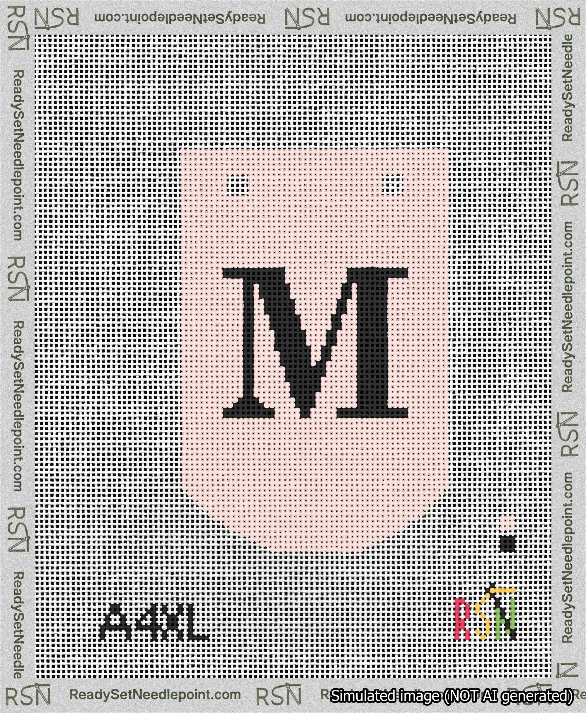 A taped needlepoint canvas with the design: Banner 13 mesh count Curved M Black on Pink.