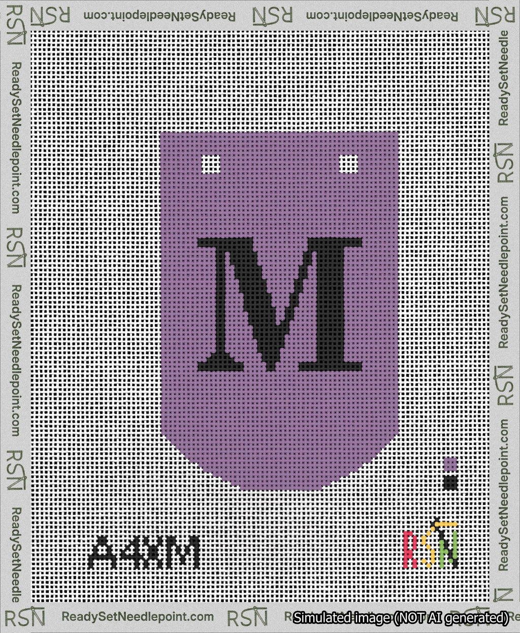 A taped needlepoint canvas with the design: Banner 13 mesh count Curved M Black on Purple.