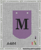 A taped needlepoint canvas with the design: Banner 13 mesh count Curved M Black on Purple.