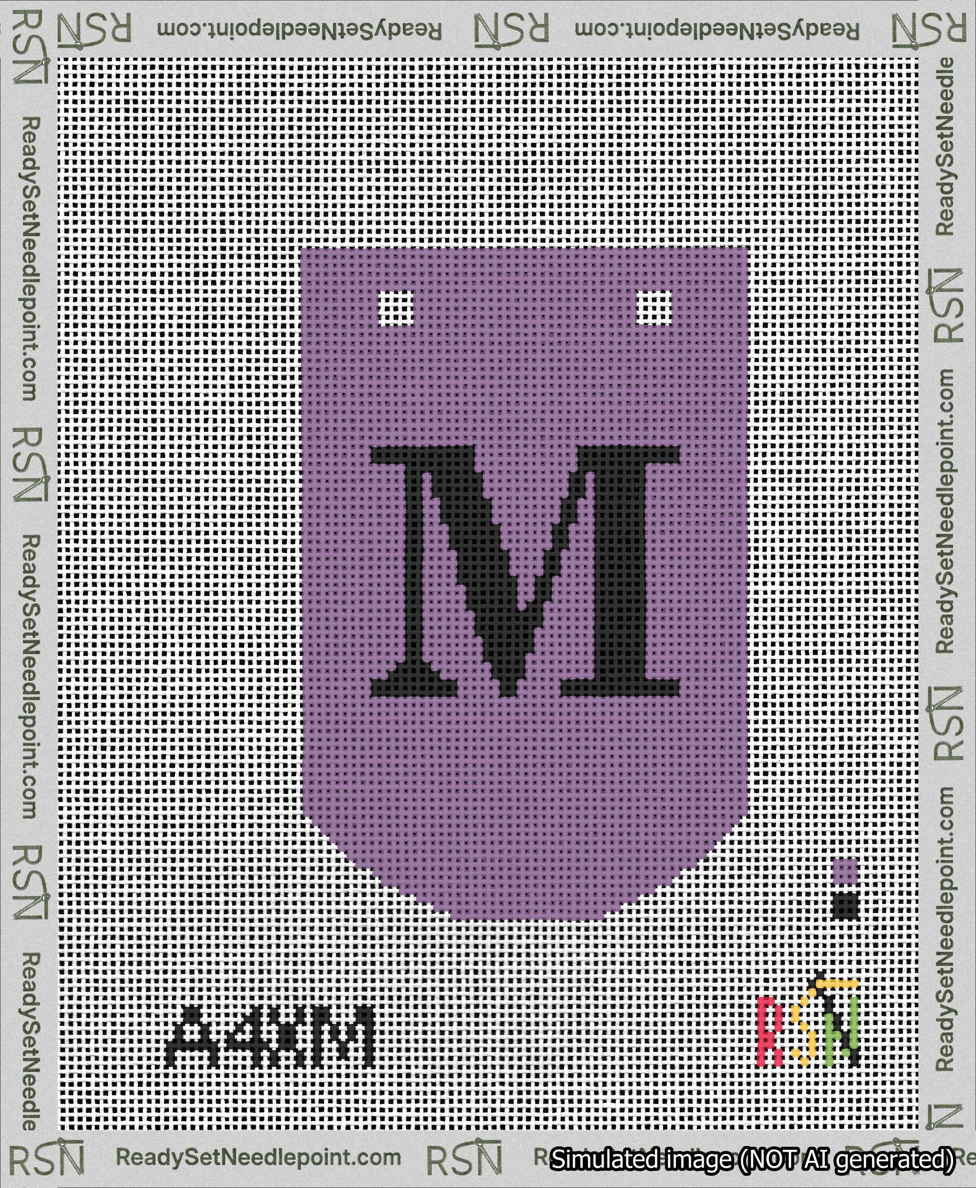 A taped needlepoint canvas with the design: Banner 13 mesh count Curved M Black on Purple.