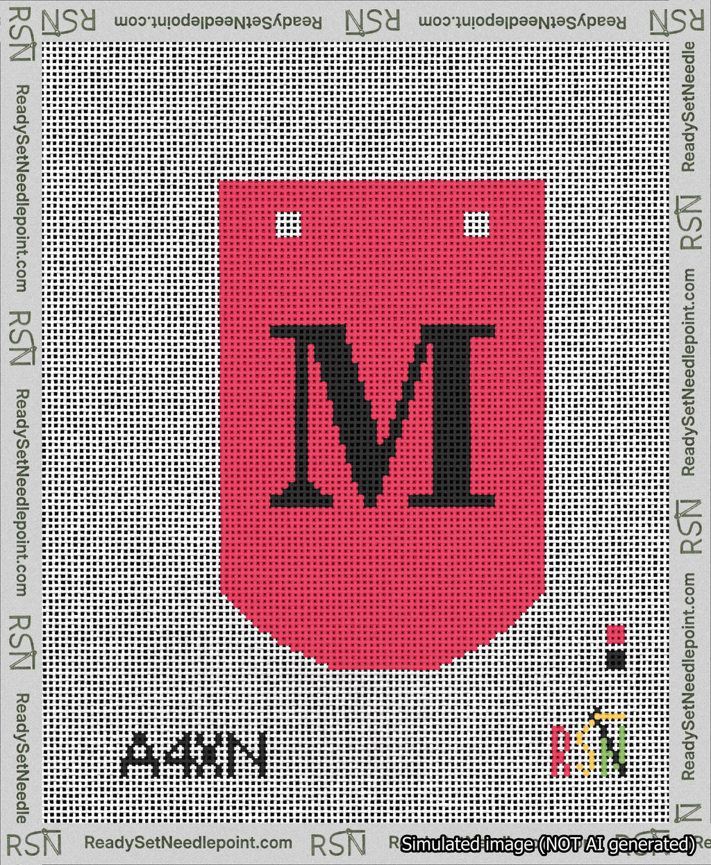 A taped needlepoint canvas with the design: Banner 13 mesh count Curved M Black on Red.