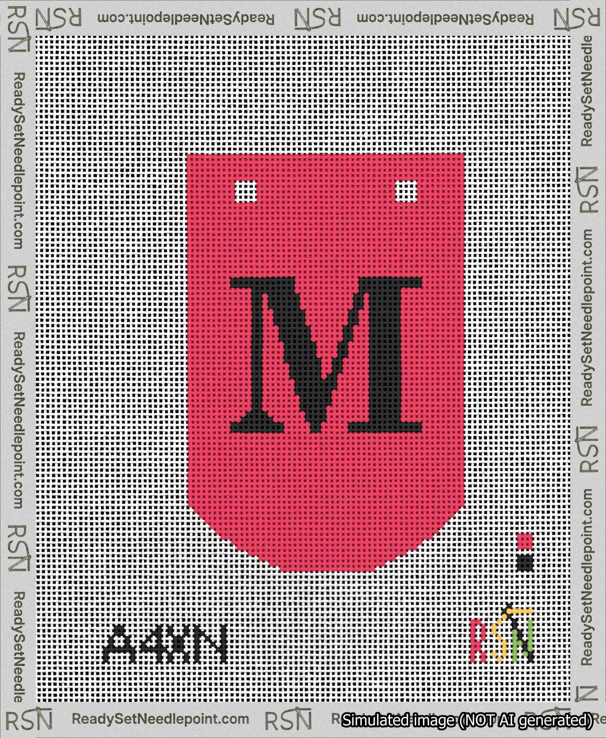 A taped needlepoint canvas with the design: Banner 13 mesh count Curved M Black on Red.