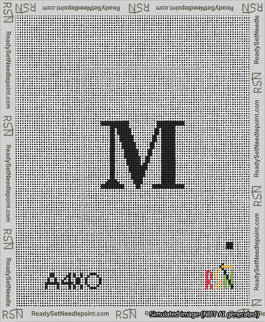 A taped needlepoint canvas with the design: Banner 13 mesh count Curved M Black on White.