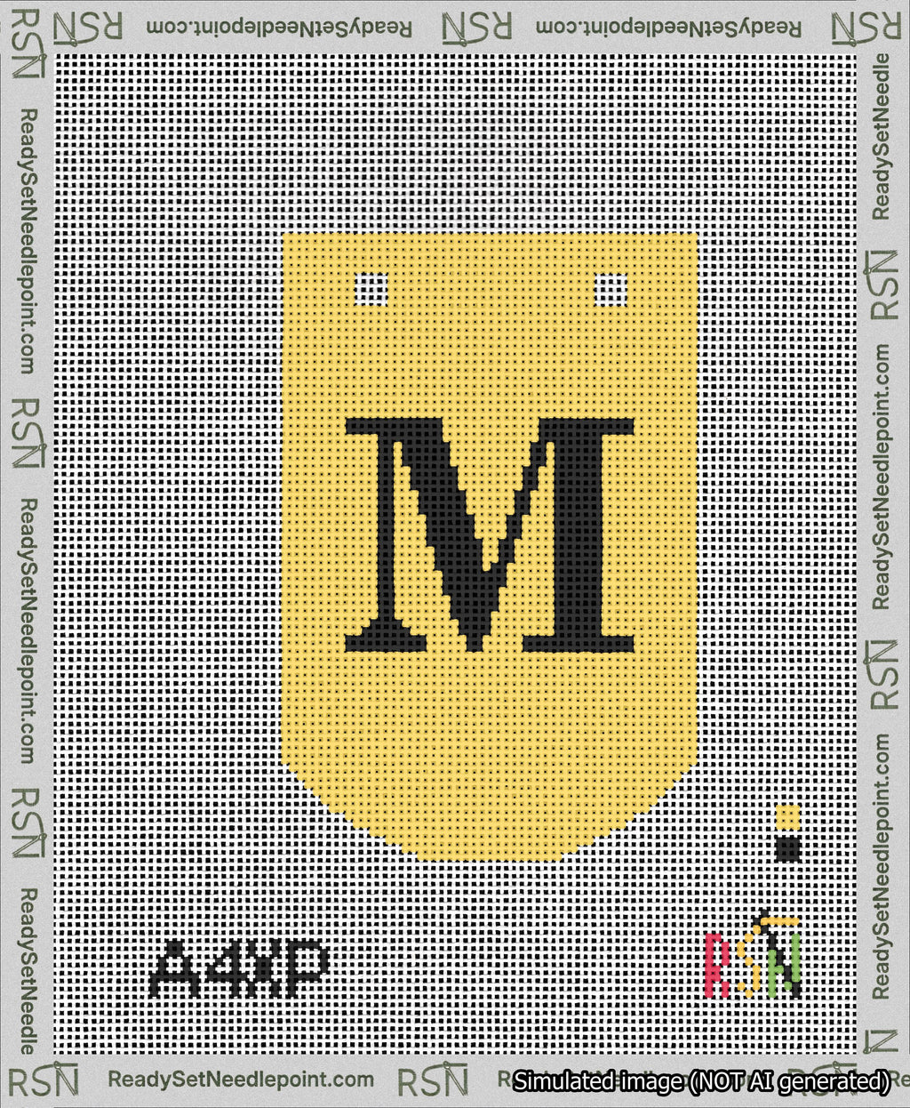 A taped needlepoint canvas with the design: Banner 13 mesh count Curved M Black on Yellow.
