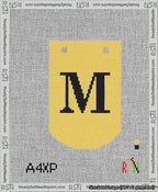 A taped needlepoint canvas with the design: Banner 13 mesh count Curved M Black on Yellow.