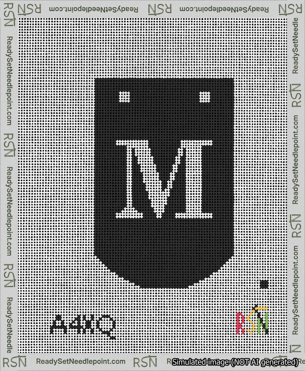 A taped needlepoint canvas with the design: Banner 13 mesh count Curved M White on Black.