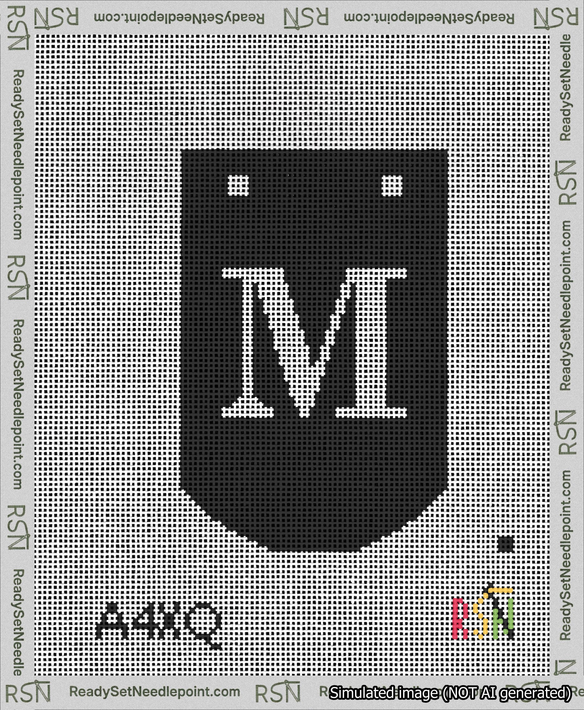 A taped needlepoint canvas with the design: Banner 13 mesh count Curved M White on Black.