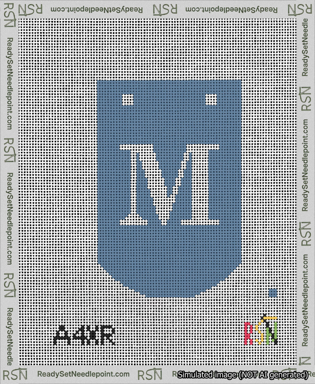 A taped needlepoint canvas with the design: Banner 13 mesh count Curved M White on Blue.