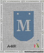 A taped needlepoint canvas with the design: Banner 13 mesh count Curved M White on Blue.