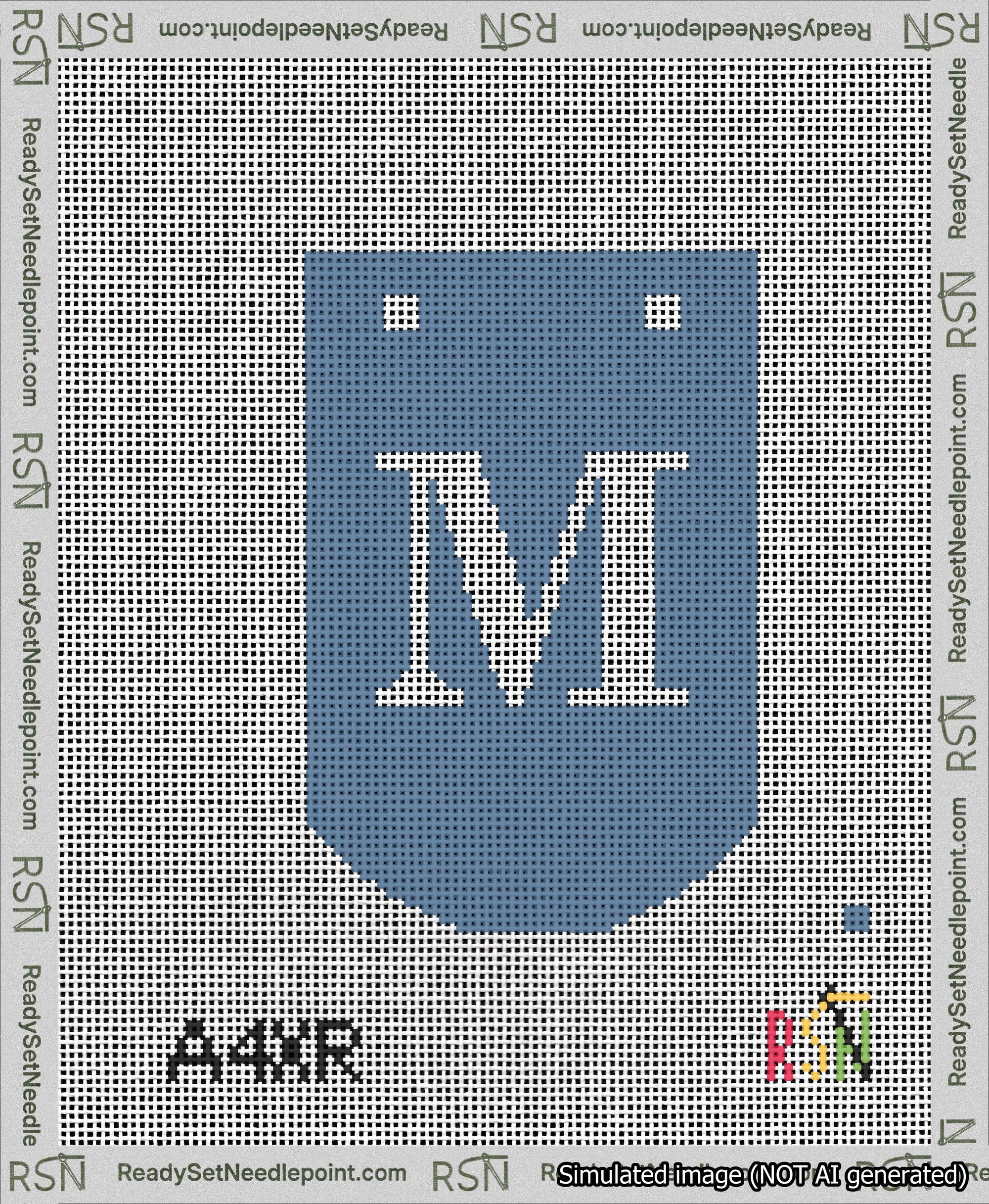 A taped needlepoint canvas with the design: Banner 13 mesh count Curved M White on Blue.