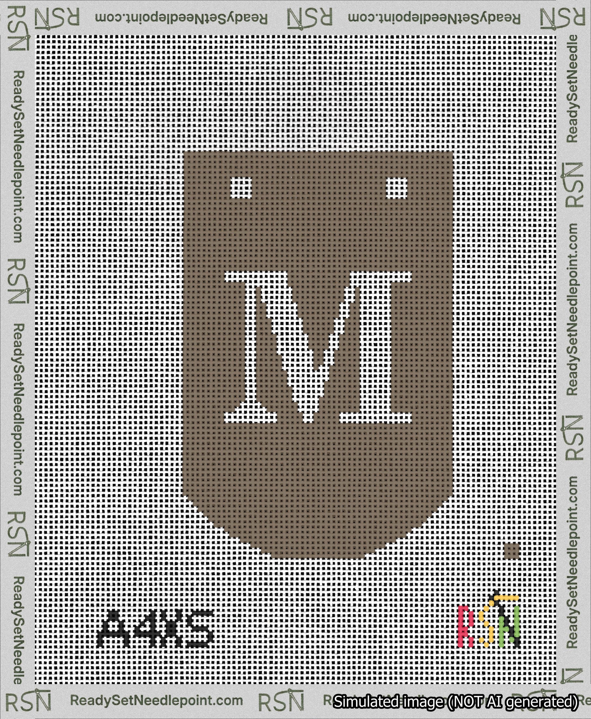 A taped needlepoint canvas with the design: Banner 13 mesh count Curved M White on Brown.