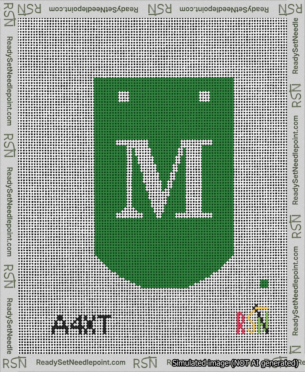 A taped needlepoint canvas with the design: Banner 13 mesh count Curved M White on Green.