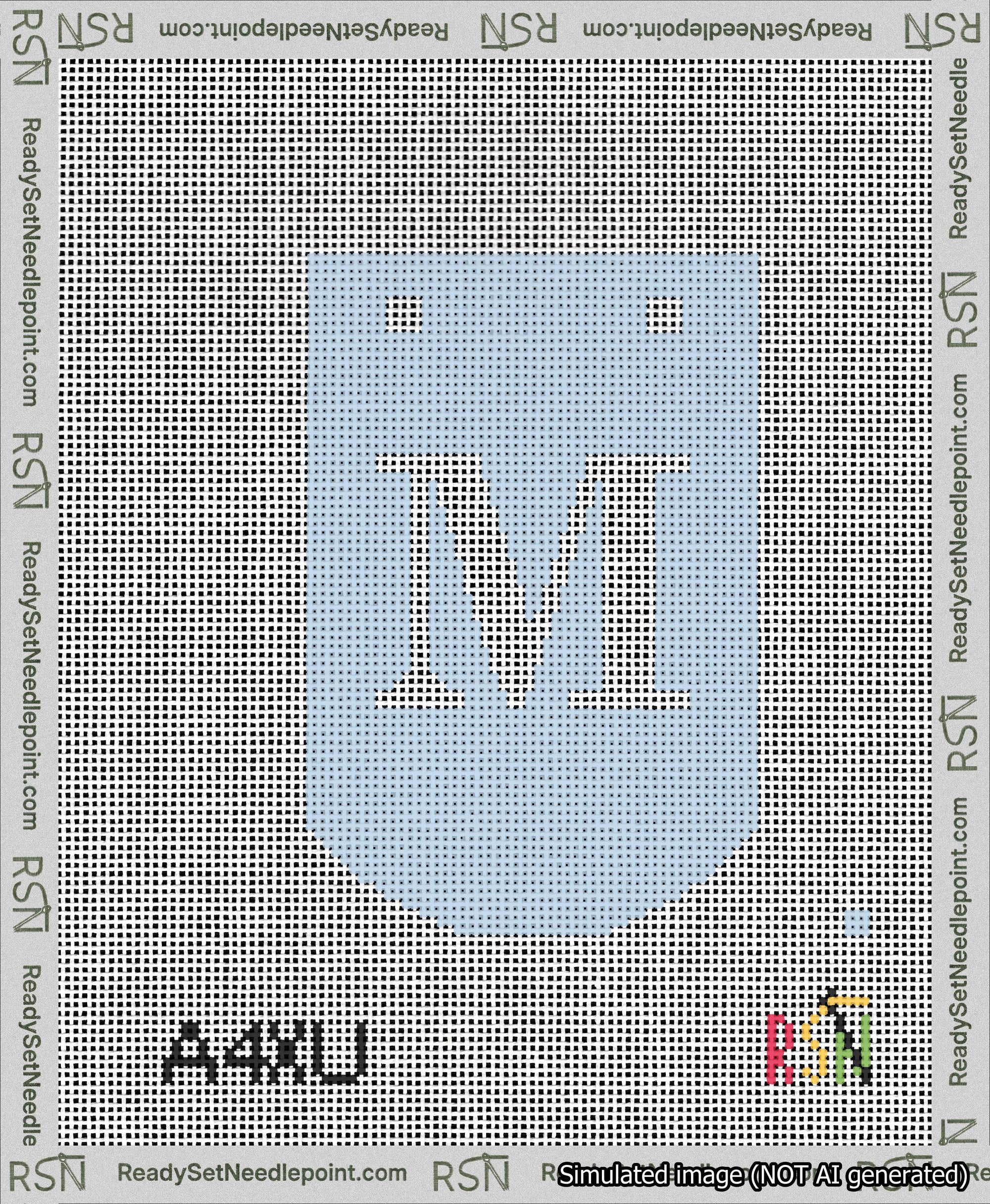 A taped needlepoint canvas with the design: Banner 13 mesh count Curved M White on Light Blue.