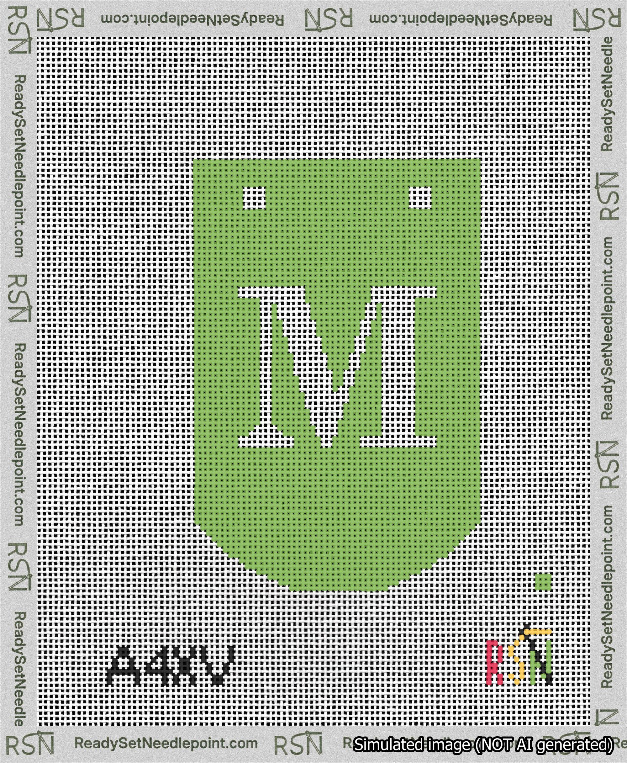 A taped needlepoint canvas with the design: Banner 13 mesh count Curved M White on Light Green.