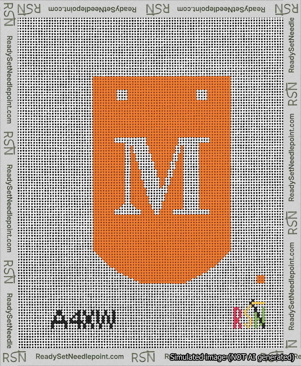 A taped needlepoint canvas with the design: Banner 13 mesh count Curved M White on Orange.
