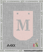 A taped needlepoint canvas with the design: Banner 13 mesh count Curved M White on Pink.