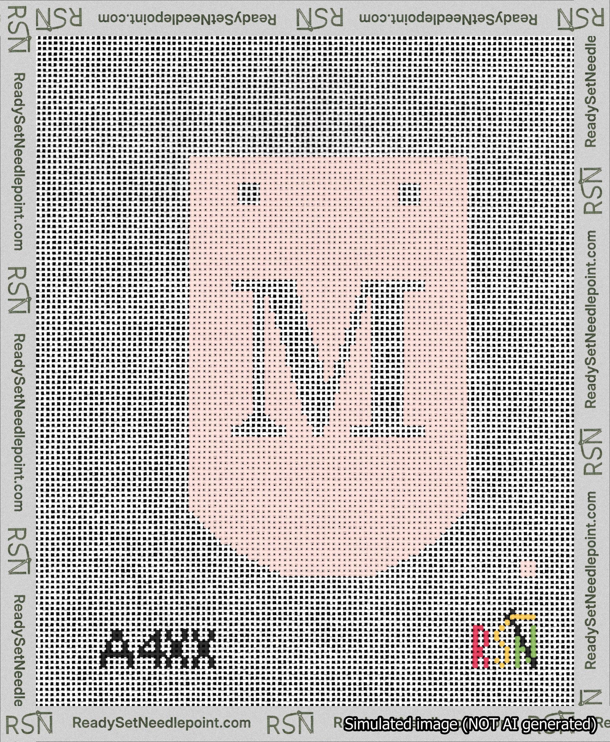 A taped needlepoint canvas with the design: Banner 13 mesh count Curved M White on Pink.