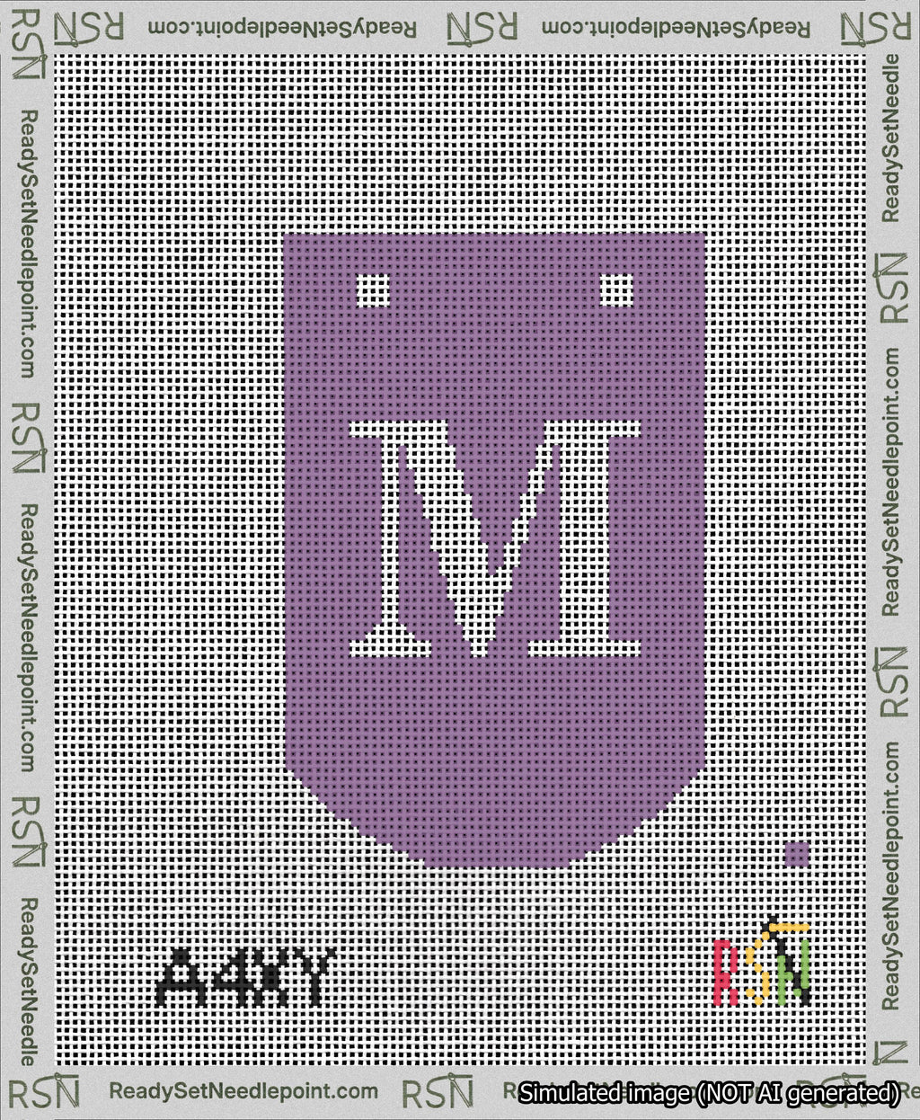 A taped needlepoint canvas with the design: Banner 13 mesh count Curved M White on Purple.