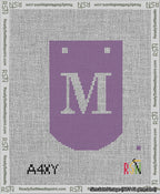 A taped needlepoint canvas with the design: Banner 13 mesh count Curved M White on Purple.