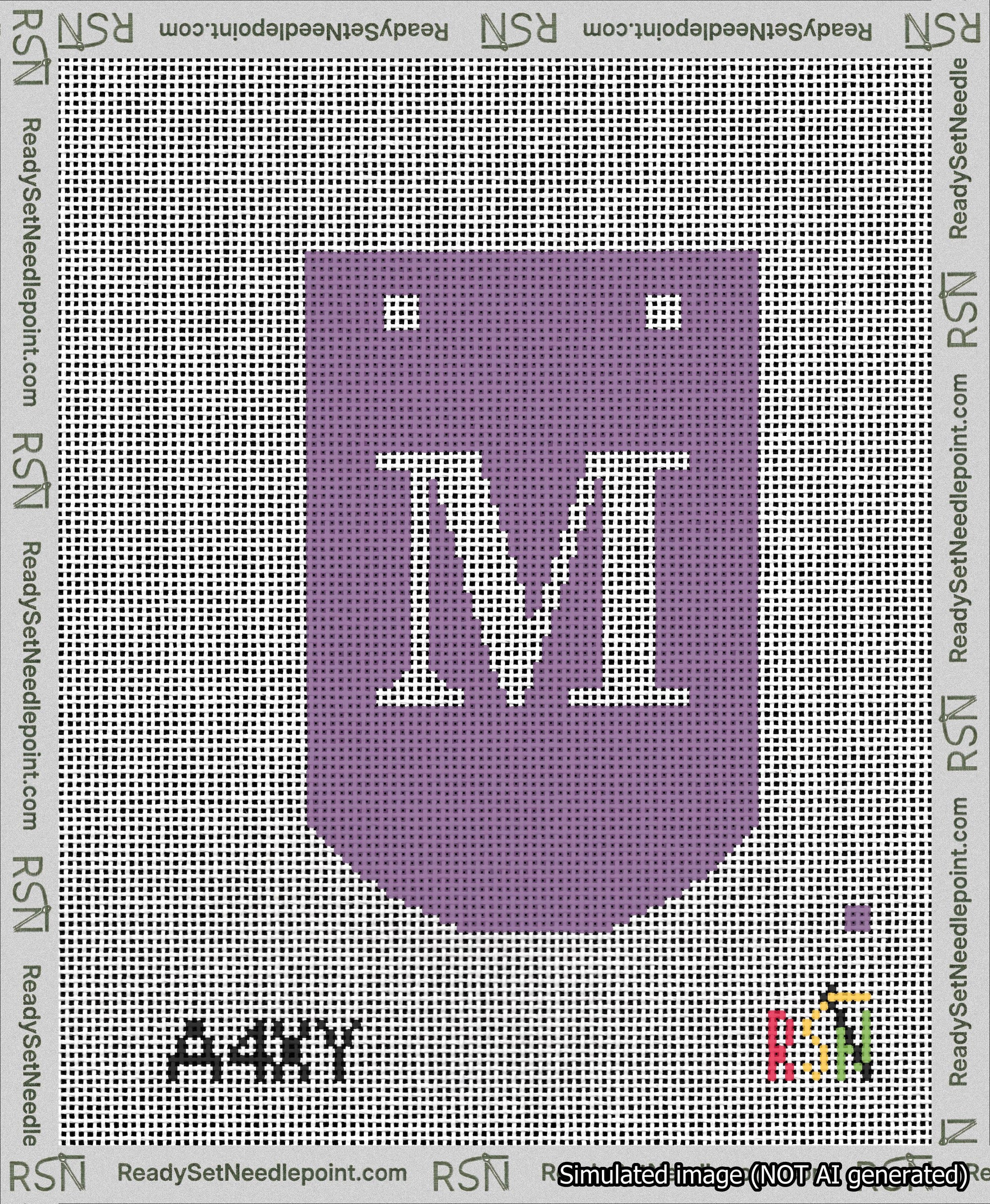 A taped needlepoint canvas with the design: Banner 13 mesh count Curved M White on Purple.
