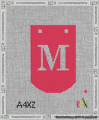 A taped needlepoint canvas with the design: Banner 13 mesh count Curved M White on Red.