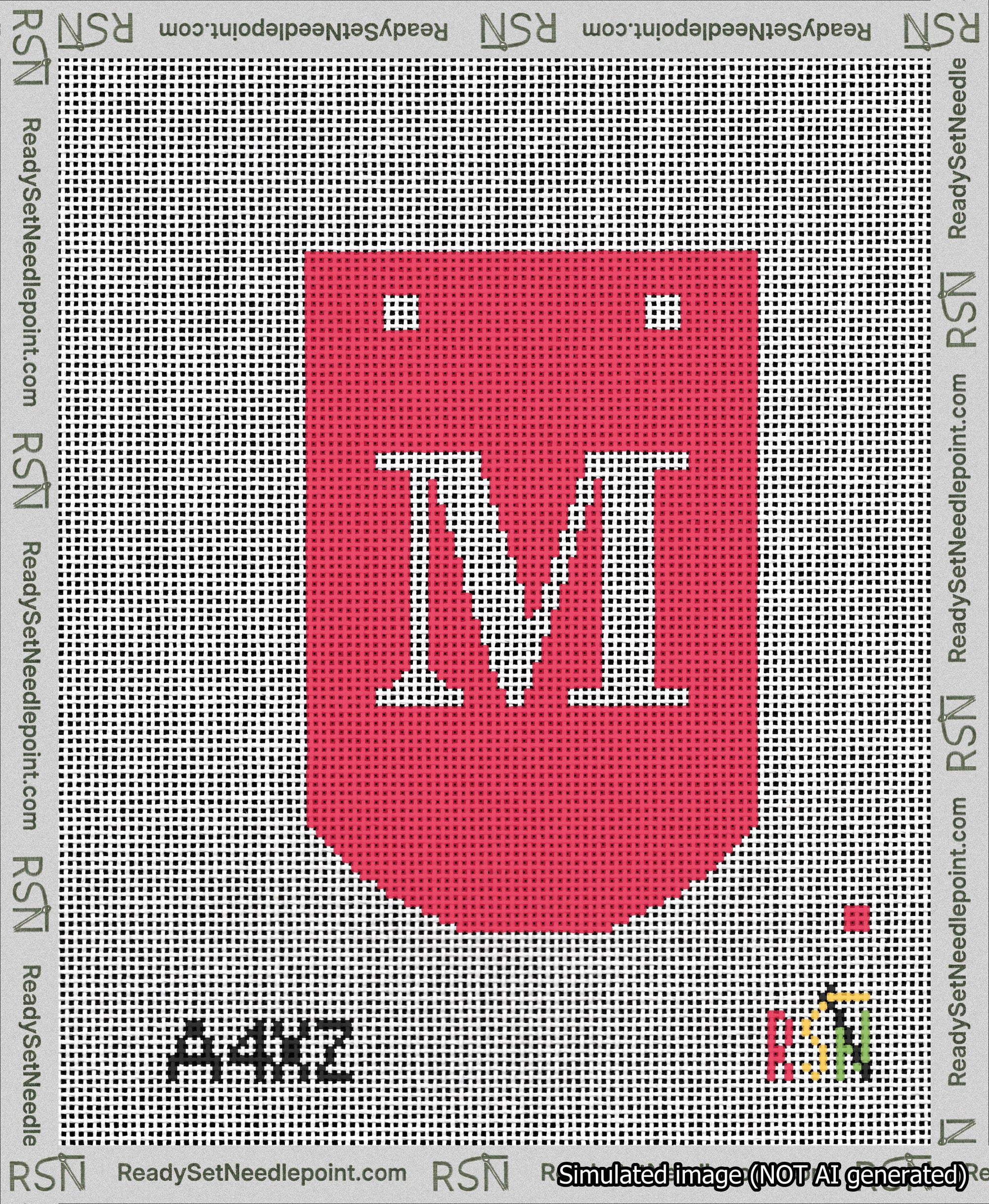 A taped needlepoint canvas with the design: Banner 13 mesh count Curved M White on Red.