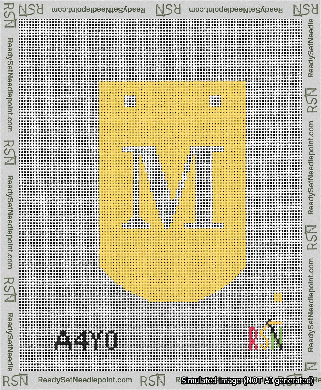 A taped needlepoint canvas with the design: Banner 13 mesh count Curved M White on Yellow.