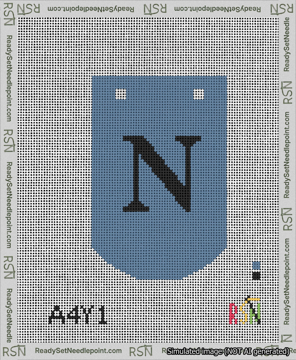 A taped needlepoint canvas with the design: Banner 13 mesh count Curved N Black on Blue.