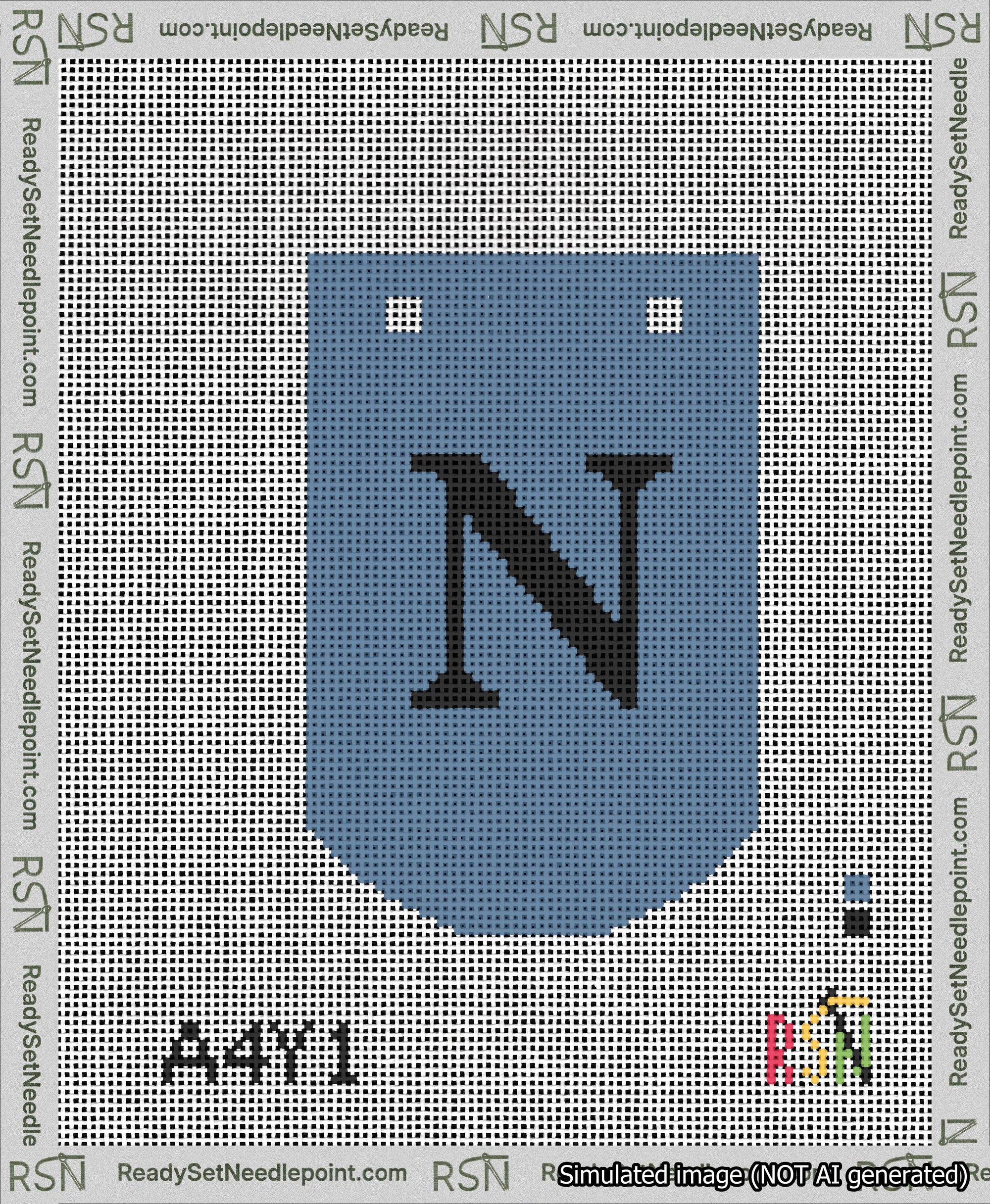 A taped needlepoint canvas with the design: Banner 13 mesh count Curved N Black on Blue.