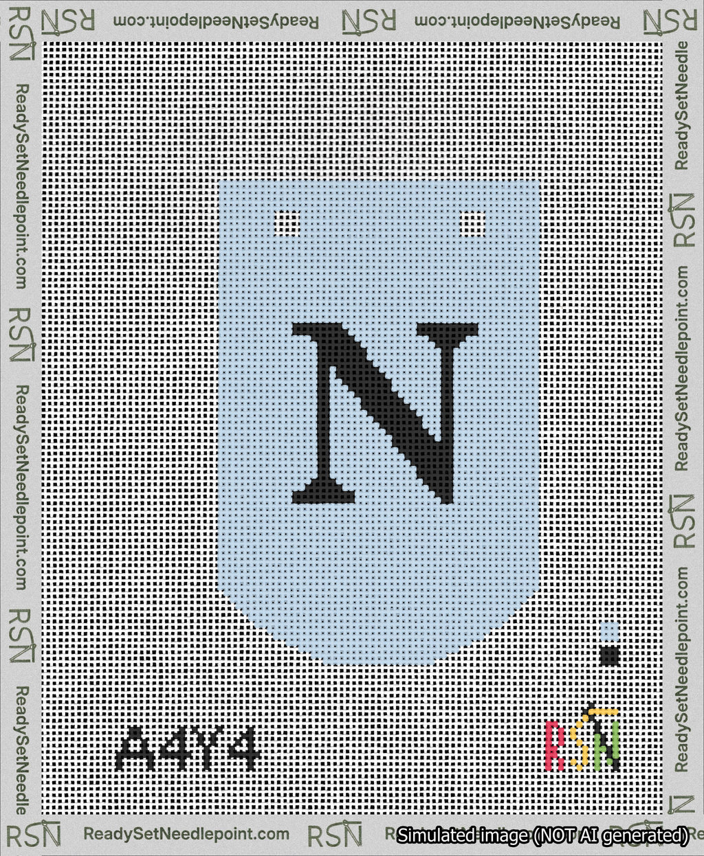 A taped needlepoint canvas with the design: Banner 13 mesh count Curved N Black on Light Blue.