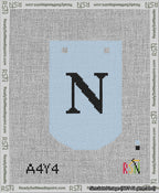 A taped needlepoint canvas with the design: Banner 13 mesh count Curved N Black on Light Blue.