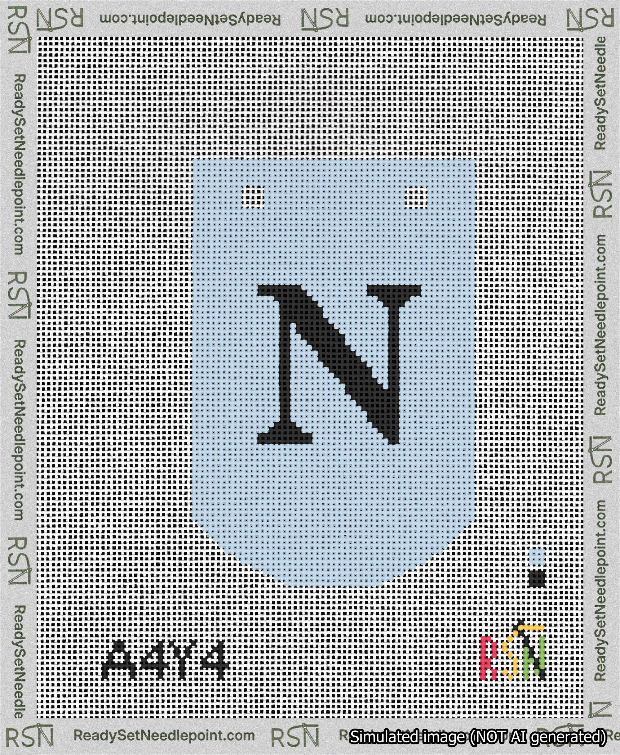 A taped needlepoint canvas with the design: Banner 13 mesh count Curved N Black on Light Blue.