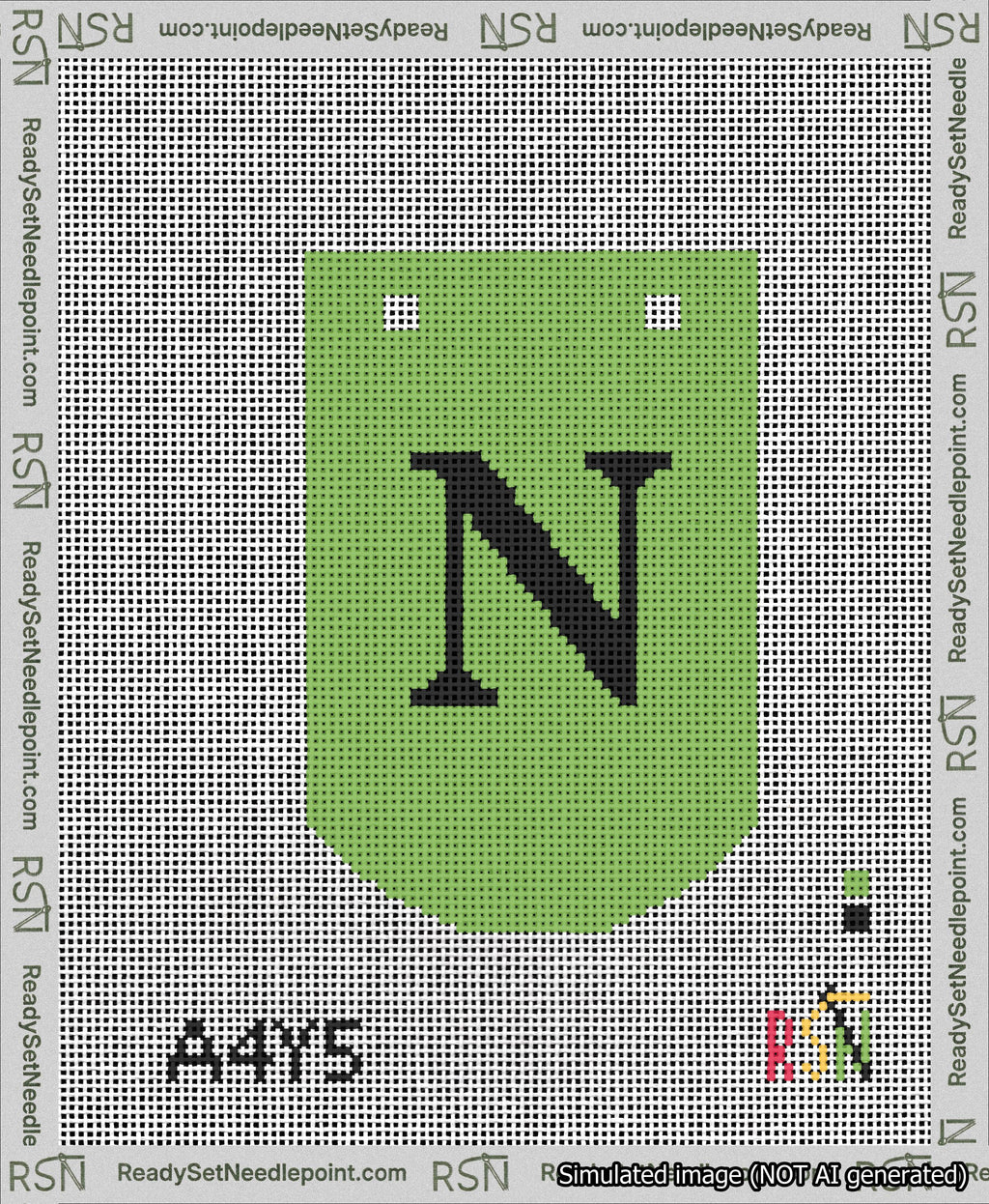 A taped needlepoint canvas with the design: Banner 13 mesh count Curved N Black on Light Green.