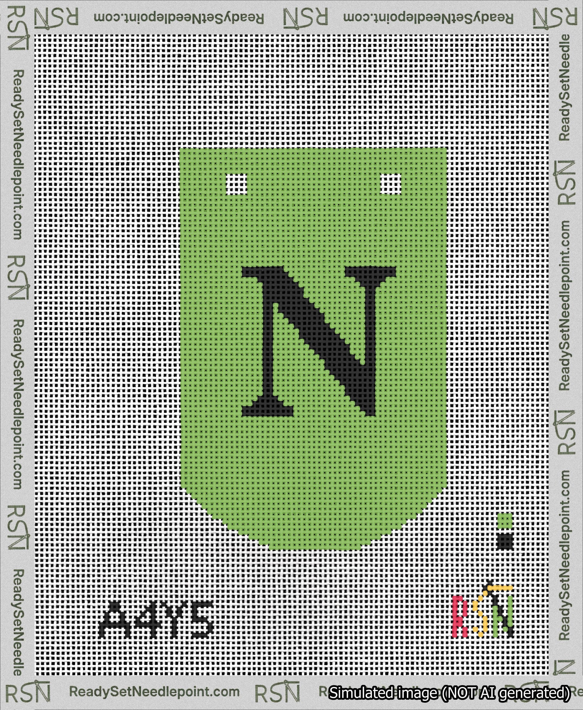 A taped needlepoint canvas with the design: Banner 13 mesh count Curved N Black on Light Green.