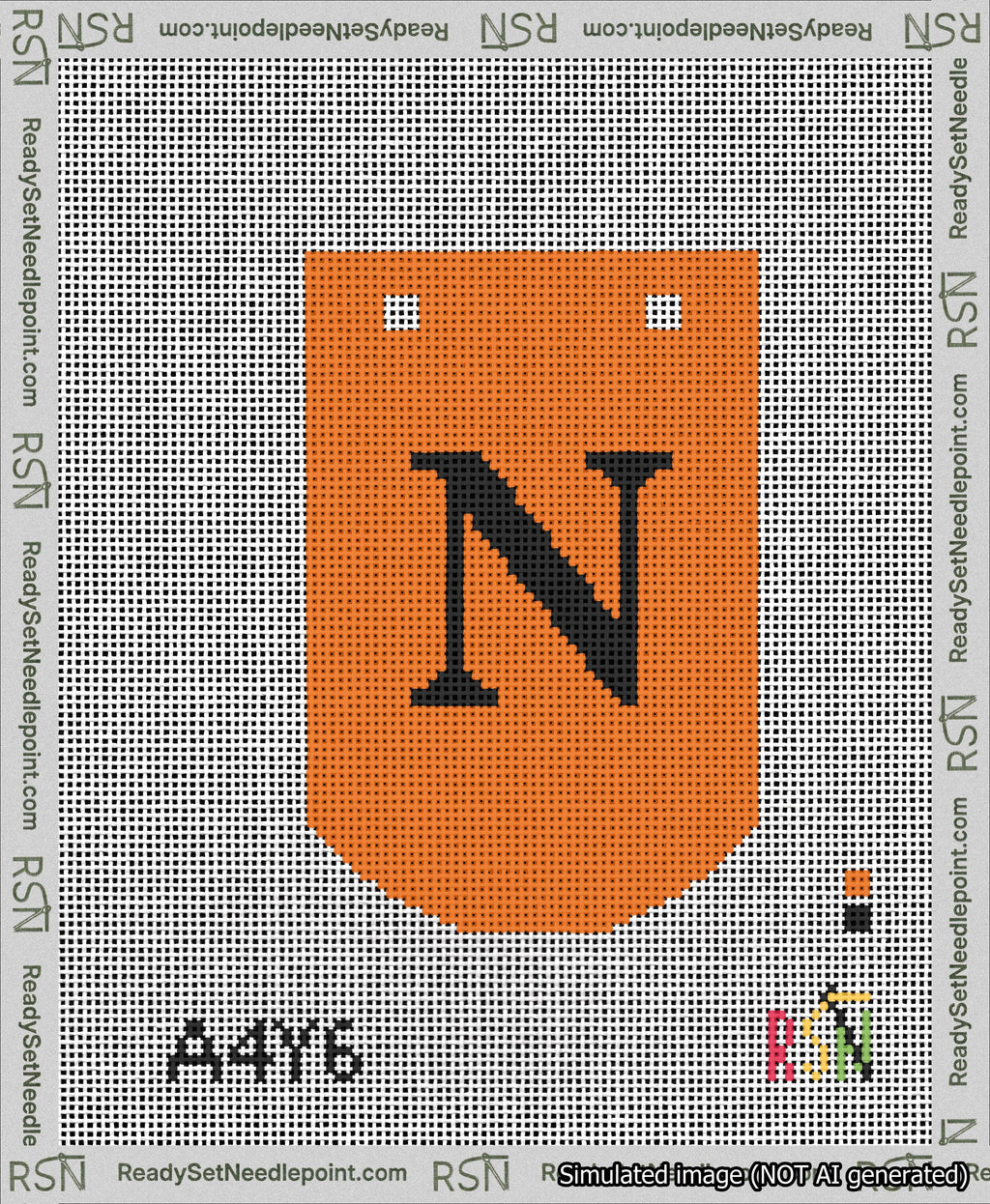 A taped needlepoint canvas with the design: Banner 13 mesh count Curved N Black on Orange.