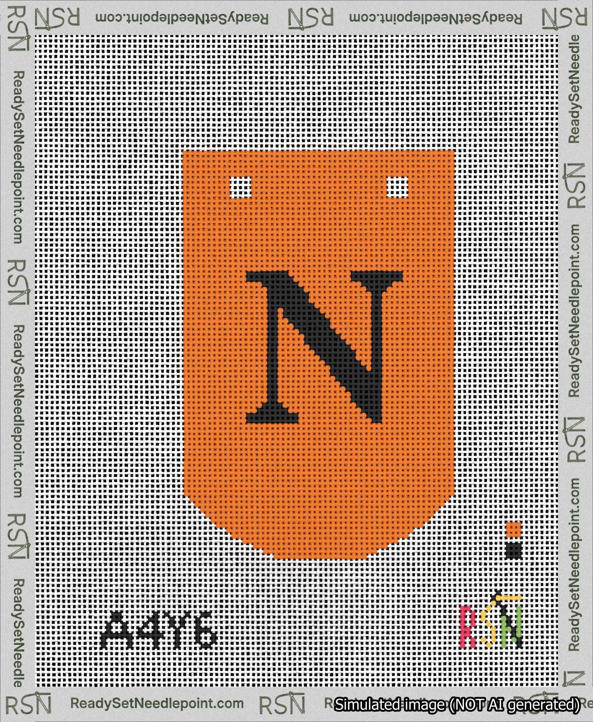 A taped needlepoint canvas with the design: Banner 13 mesh count Curved N Black on Orange.