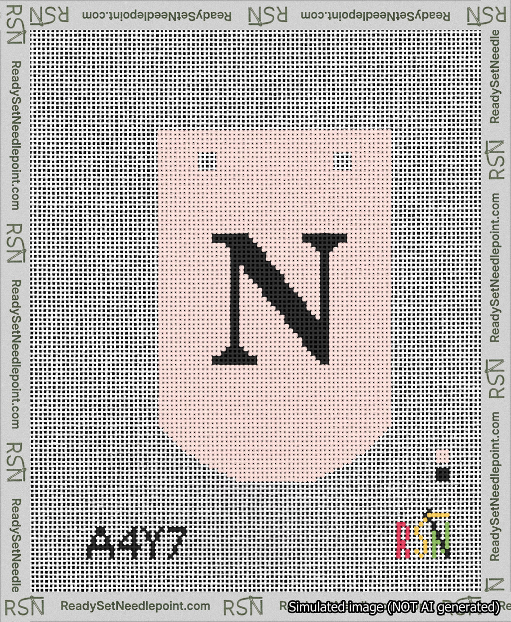 A taped needlepoint canvas with the design: Banner 13 mesh count Curved N Black on Pink.