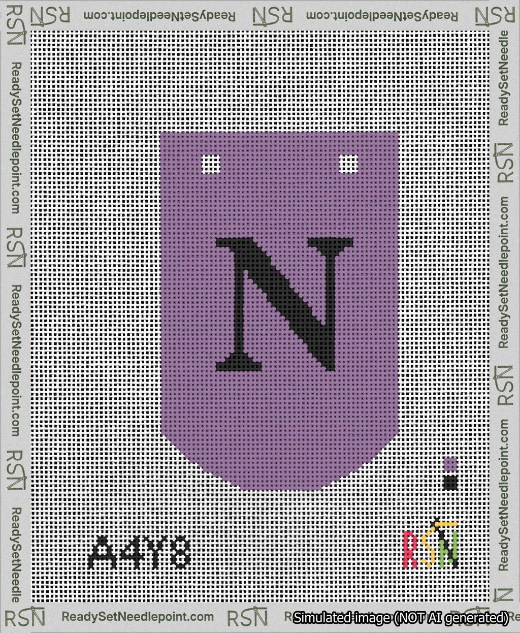 A taped needlepoint canvas with the design: Banner 13 mesh count Curved N Black on Purple.