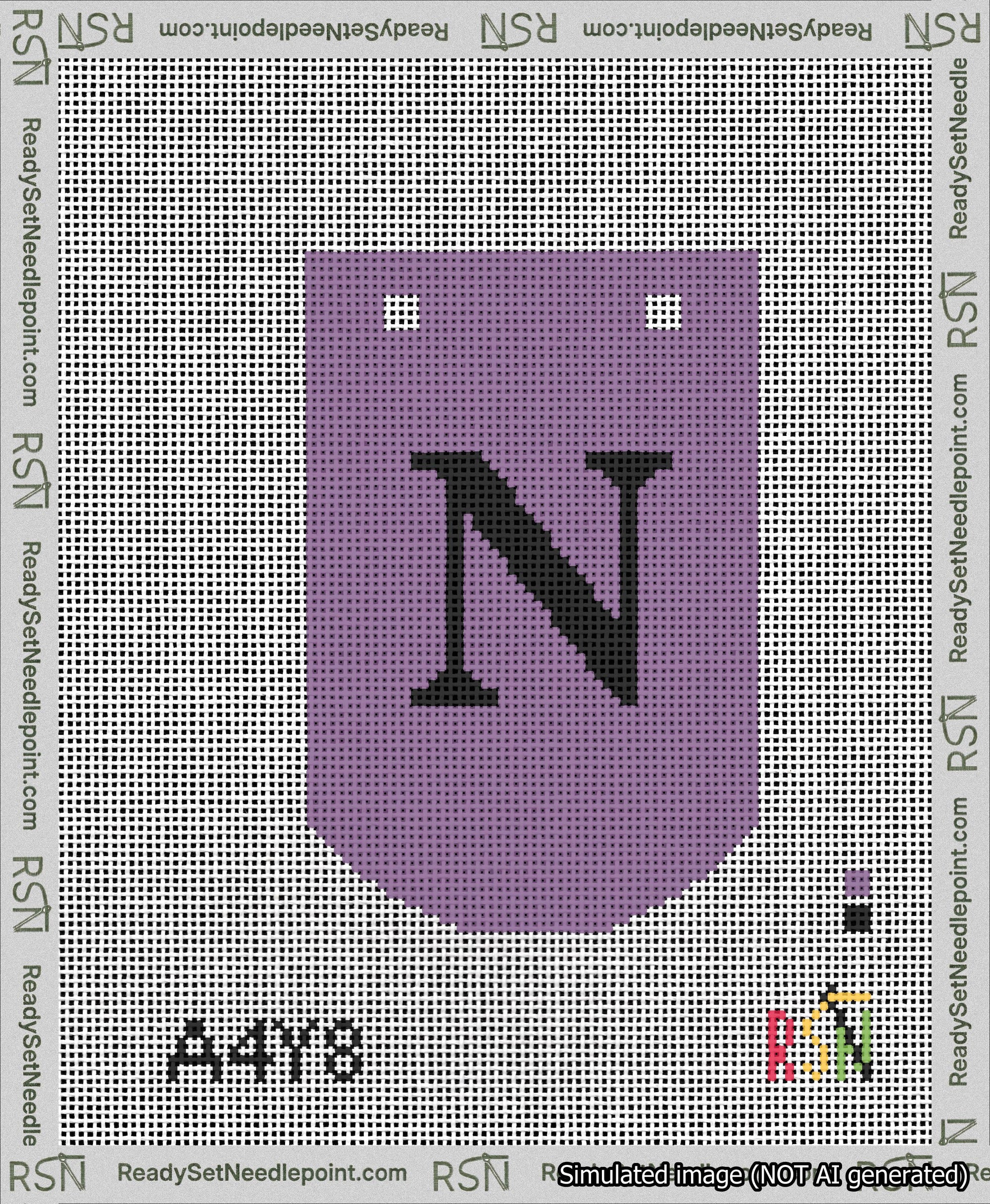 A taped needlepoint canvas with the design: Banner 13 mesh count Curved N Black on Purple.