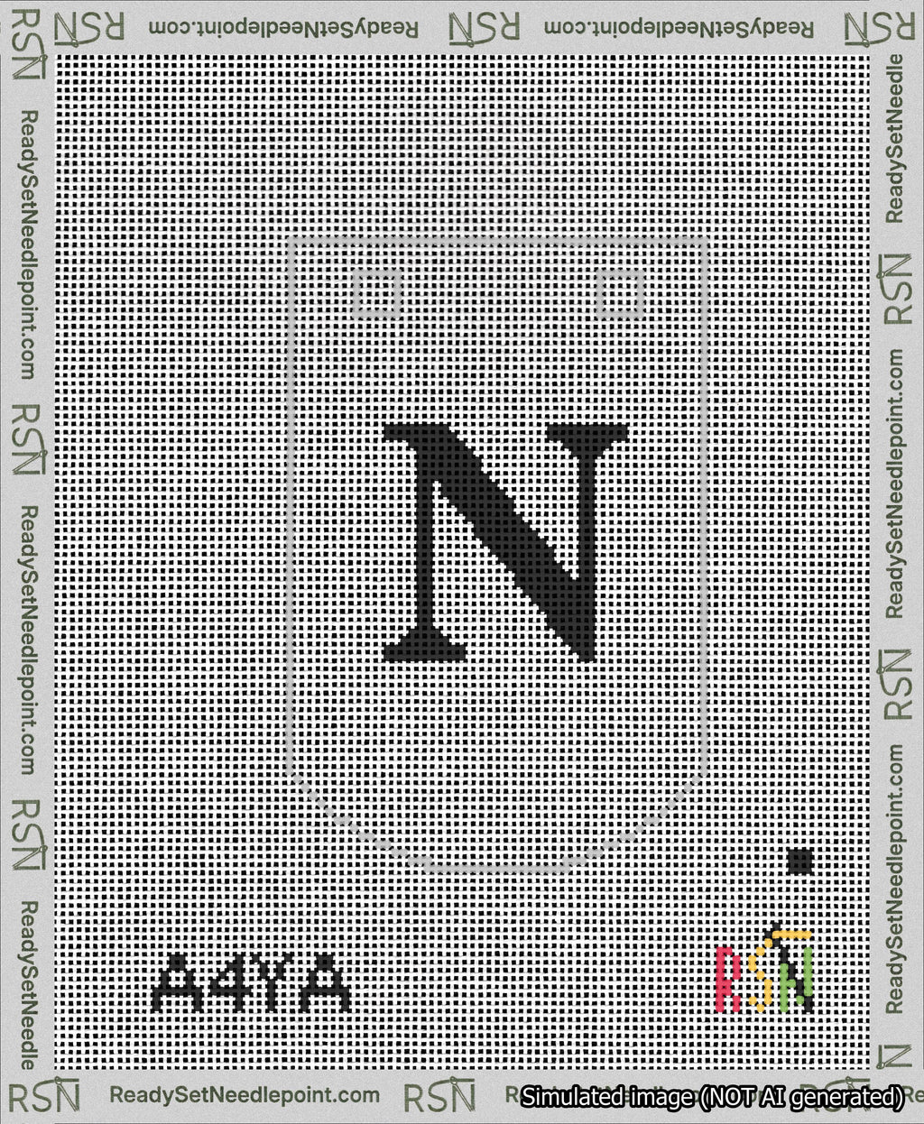 A taped needlepoint canvas with the design: Banner 13 mesh count Curved N Black on White.