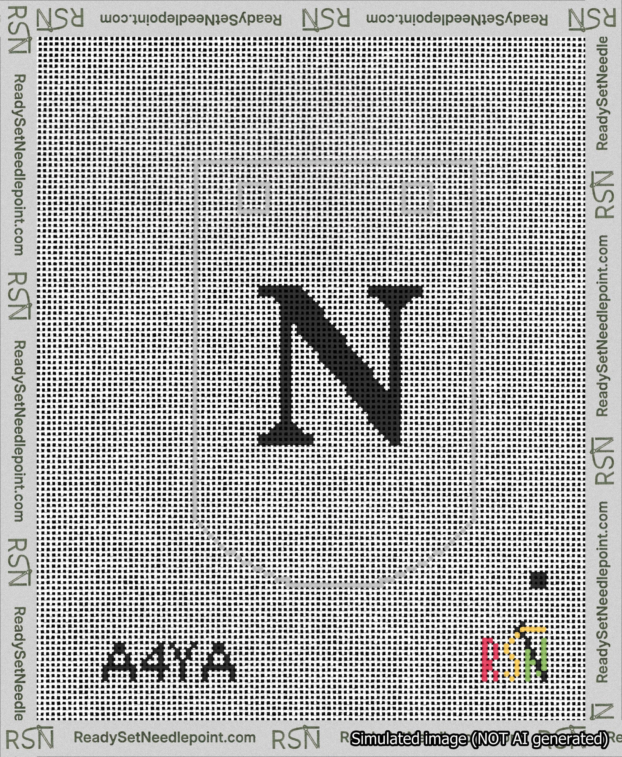 A taped needlepoint canvas with the design: Banner 13 mesh count Curved N Black on White.