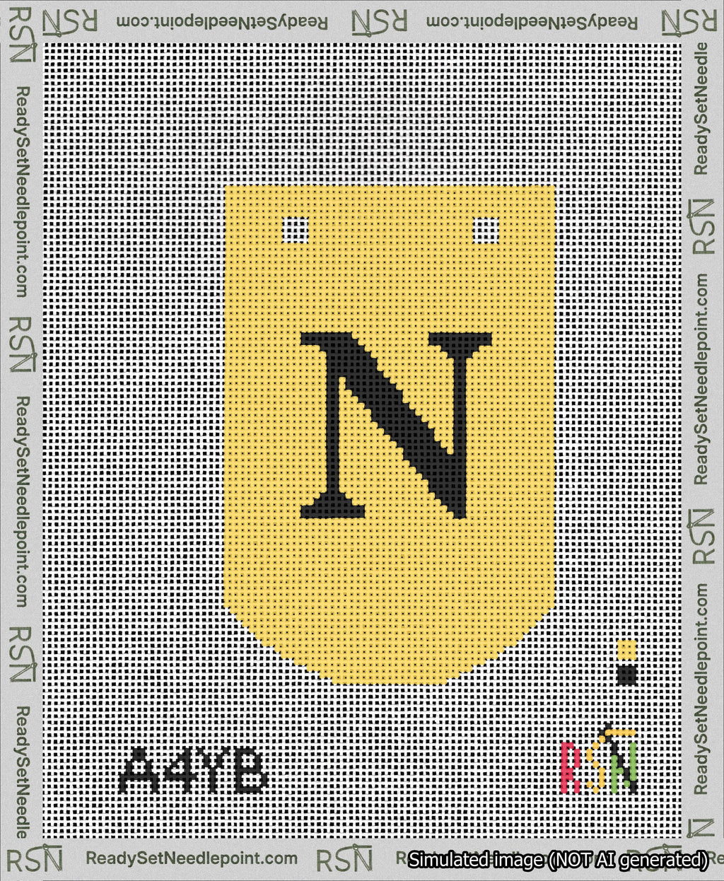 A taped needlepoint canvas with the design: Banner 13 mesh count Curved N Black on Yellow.