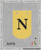 A taped needlepoint canvas with the design: Banner 13 mesh count Curved N Black on Yellow.
