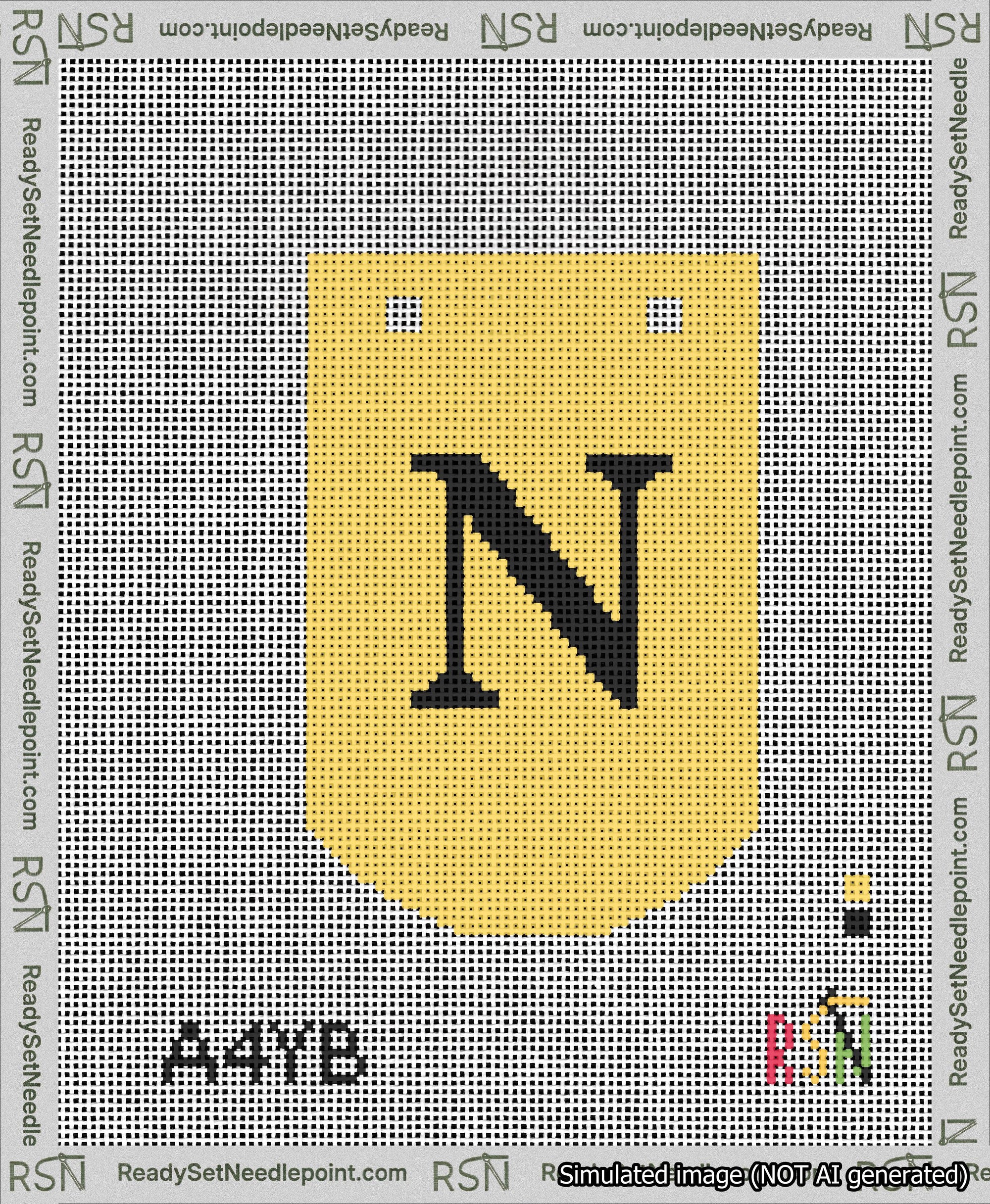 A taped needlepoint canvas with the design: Banner 13 mesh count Curved N Black on Yellow.