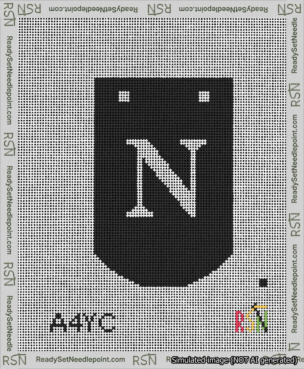 A taped needlepoint canvas with the design: Banner 13 mesh count Curved N White on Black.