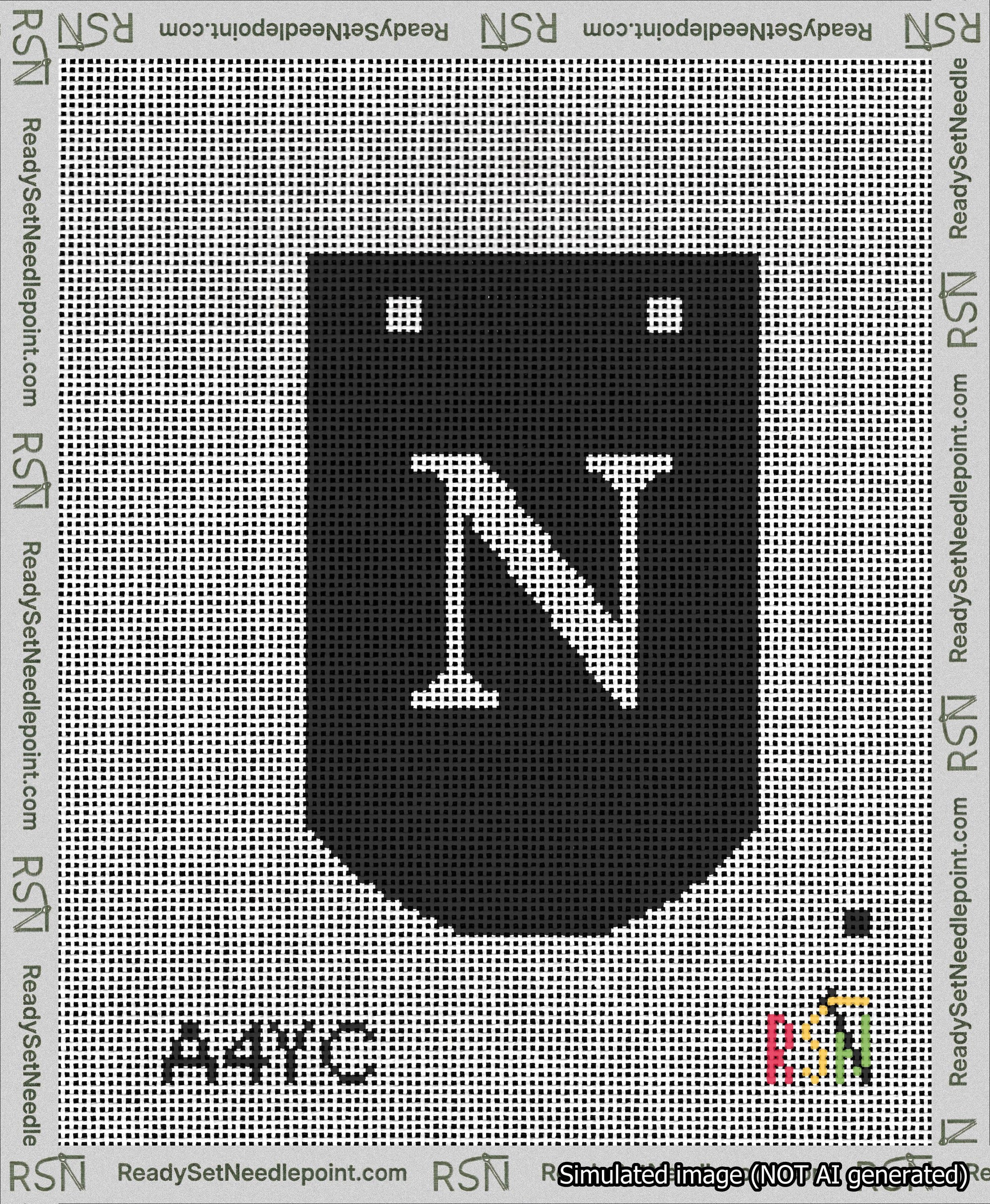 A taped needlepoint canvas with the design: Banner 13 mesh count Curved N White on Black.