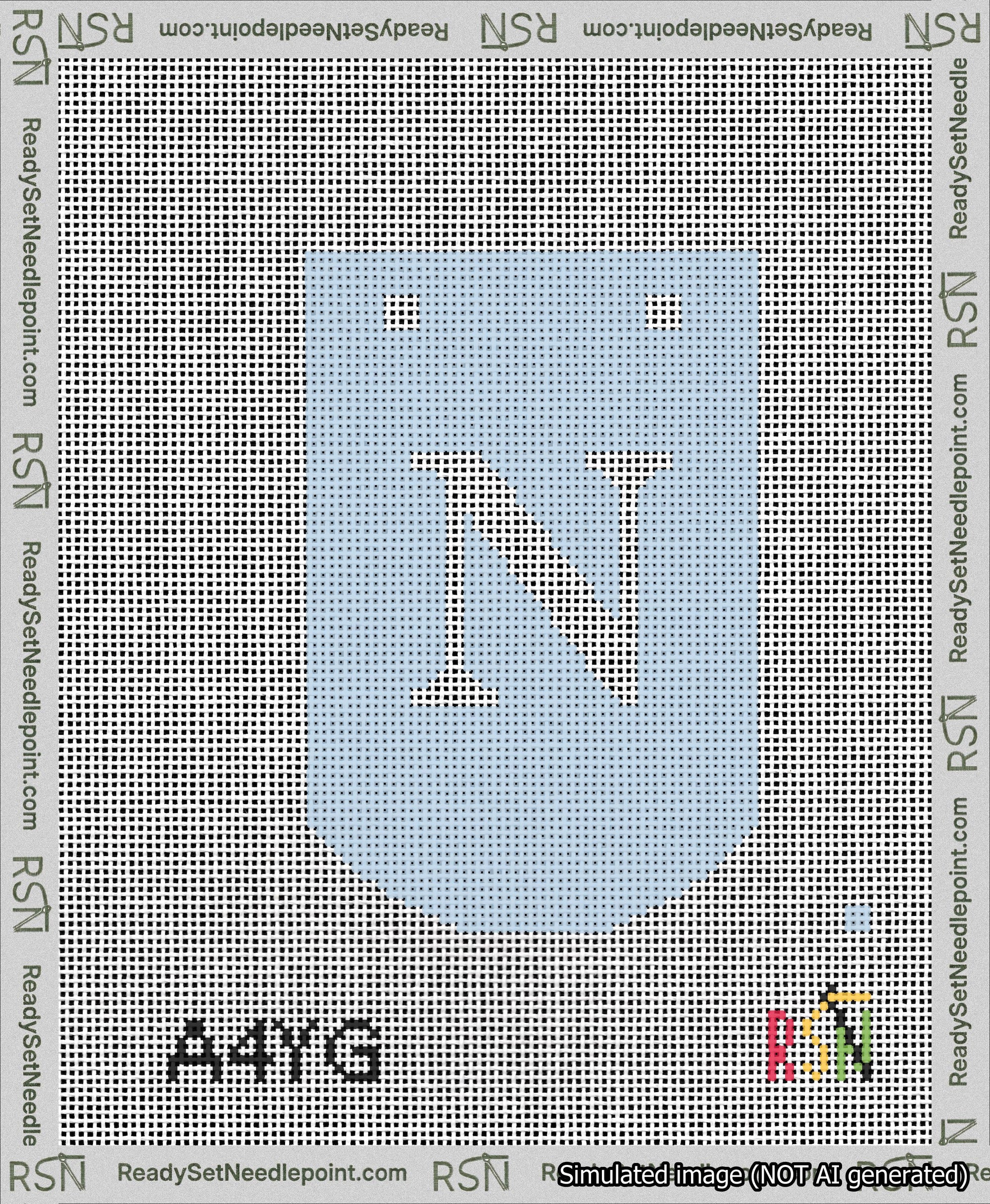 A taped needlepoint canvas with the design: Banner 13 mesh count Curved N White on Light Blue.